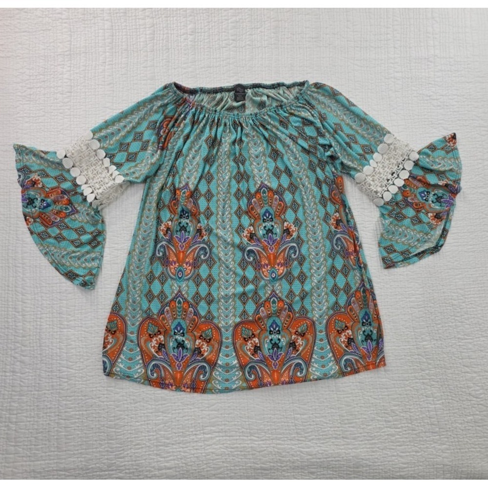 Win Win Pinwheel Sleeve Tunic Womens L-XL Blue Multicolor Crochet‎ Details Boho